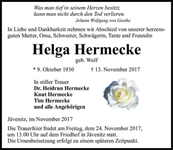 Traueranzeige von Helga Hermecke (geb. Wolf)  von Magdeburger Volksstimme