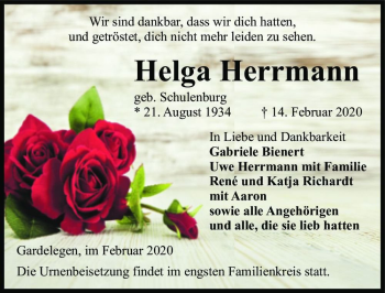 Traueranzeige von Helga Herrmann (geb. Schulenburg)  von Magdeburger Volksstimme
