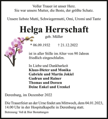 Traueranzeige von Helga Herrschaft (geb. Müller)  von Magdeburger Volksstimme