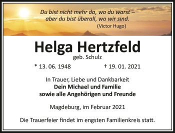 Traueranzeige von Helga Hertzfeld (geb. Schulz)  von Magdeburger Volksstimme