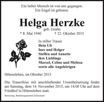 Traueranzeige von Helga Herzke (geb. Gruhn)  von Magdeburger Volksstimme