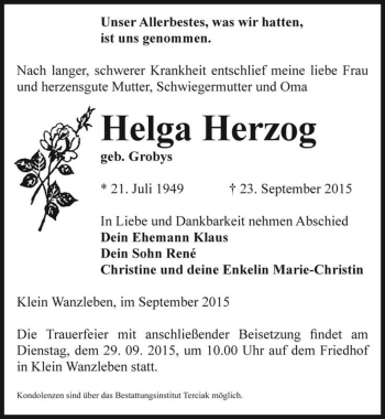 Traueranzeige von Helga Herzog (geb. Grobys)  von Magdeburger Volksstimme