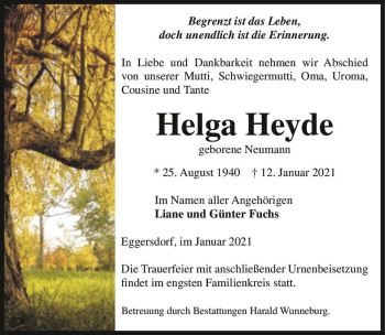 Traueranzeige von Helga Heyde (geb. Neumann)  von Magdeburger Volksstimme