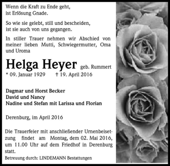 Traueranzeige von Helga Heyer (geb. Rummert)  von Magdeburger Volksstimme