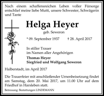 Traueranzeige von Helga Heyer (geb. Seweron)  von Magdeburger Volksstimme