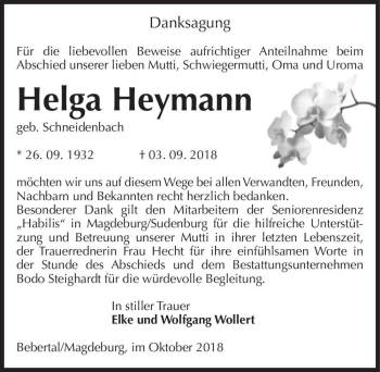 Traueranzeige von Helga Heymann (geb. Schneidenbach)  von Magdeburger Volksstimme