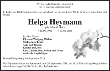 Traueranzeige von Helga Heymann (geb. Schneidenbach)  von Magdeburger Volksstimme