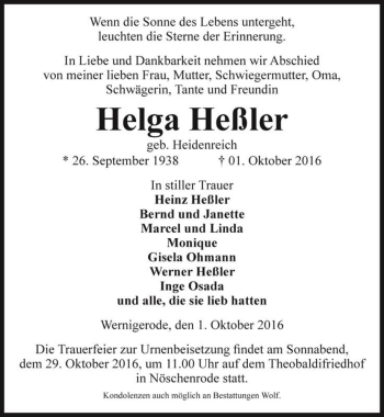Traueranzeige von Helga Heßler (geb. Heidenreich)  von Magdeburger Volksstimme
