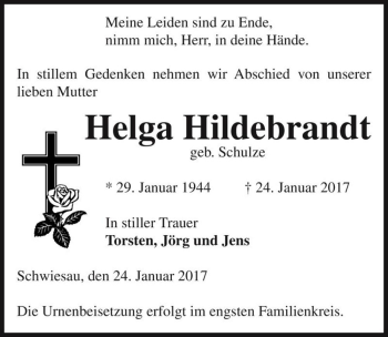 Traueranzeige von Helga Hildebrandt (geb. Schulze)  von Magdeburger Volksstimme