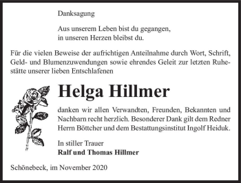 Traueranzeige von Helga Hillmer  von Magdeburger Volksstimme