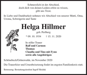 Traueranzeige von Helga Hillmer (geb. Perlberg)  von Magdeburger Volksstimme