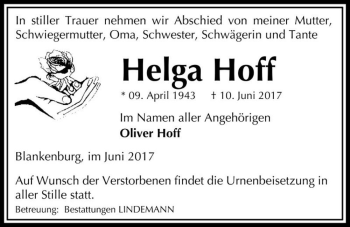 Traueranzeige von Helga Hoff  von Magdeburger Volksstimme