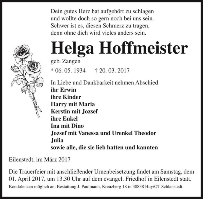  Traueranzeige für Helga Hoffmeister (geb. Zangen)  vom 25.03.2017 aus Magdeburger Volksstimme