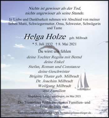 Traueranzeige von Helga Holze (geb. Milbradt)  von Magdeburger Volksstimme