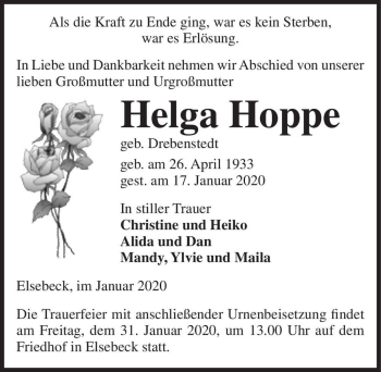 Traueranzeige von Helga Hoppe (geb. Drebenstedt)  von Magdeburger Volksstimme