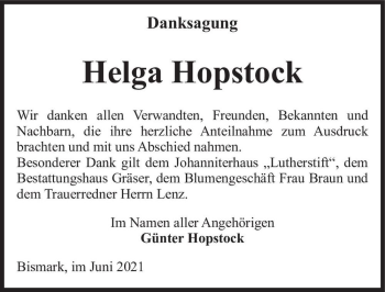 Traueranzeige von Helga Hopstock  von Magdeburger Volksstimme