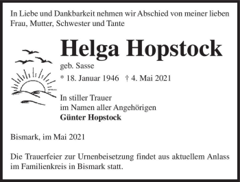 Traueranzeige von Helga Hopstock (geb. Sasse)  von Magdeburger Volksstimme