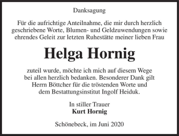 Traueranzeige von Helga Hornig  von Magdeburger Volksstimme