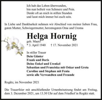 Traueranzeige von Helga Hornig (geb. Maerz)  von Magdeburger Volksstimme