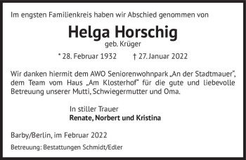 Traueranzeige von Helga Horschig (geb. Krüger)  von Magdeburger Volksstimme