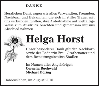 Traueranzeige von Helga Horst  von Magdeburger Volksstimme