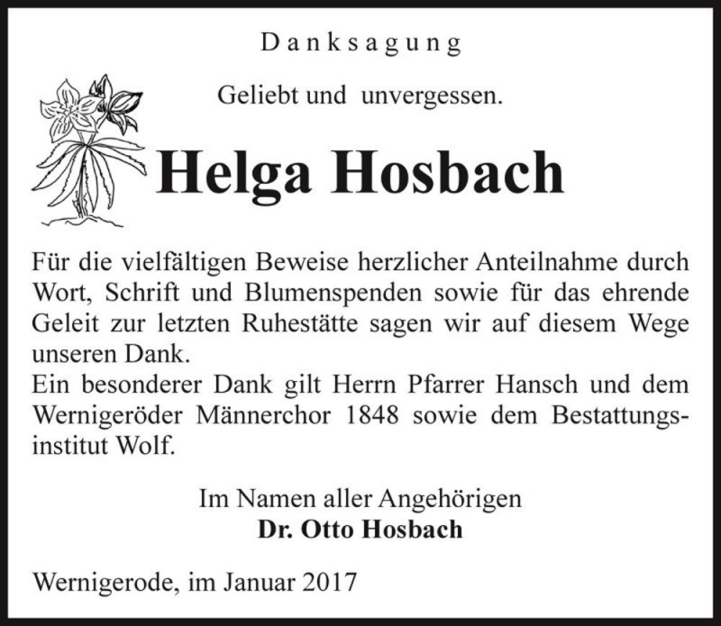  Traueranzeige für Helga Hosbach  vom 31.01.2017 aus Magdeburger Volksstimme