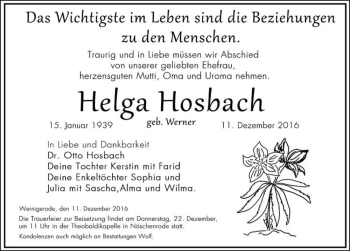 Traueranzeige von Helga Hosbach (geb. Werner)  von Magdeburger Volksstimme