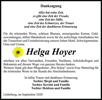 Traueranzeige von Helga Hoyer  von Magdeburger Volksstimme