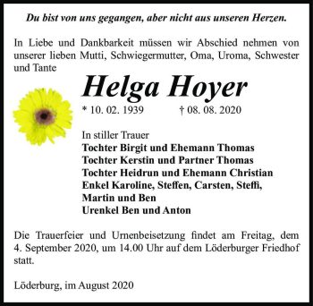 Traueranzeige von Helga Hoyer  von Magdeburger Volksstimme