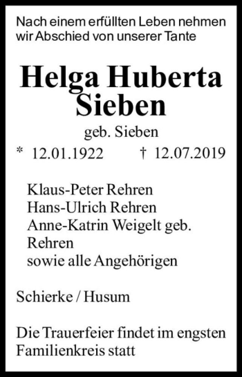 Traueranzeige von Helga Huberta Sieben (geb. Sieben)  von Magdeburger Volksstimme