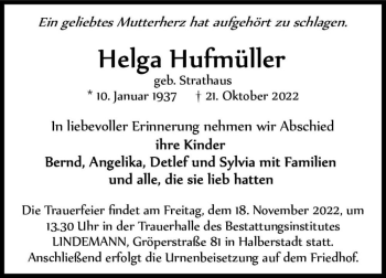 Traueranzeige von Helga Hufmüller (geb. Strathaus)  von Magdeburger Volksstimme