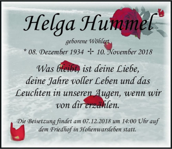 Traueranzeige von Helga Hummel (geb. Wöhlert)  von Magdeburger Volksstimme