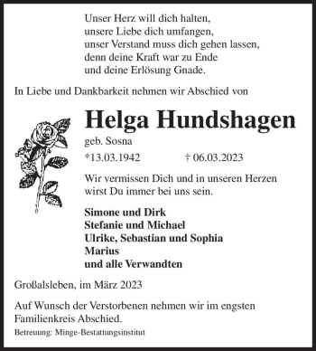 Traueranzeige von Helga Hundshagen (geb. Sosna)  von Magdeburger Volksstimme