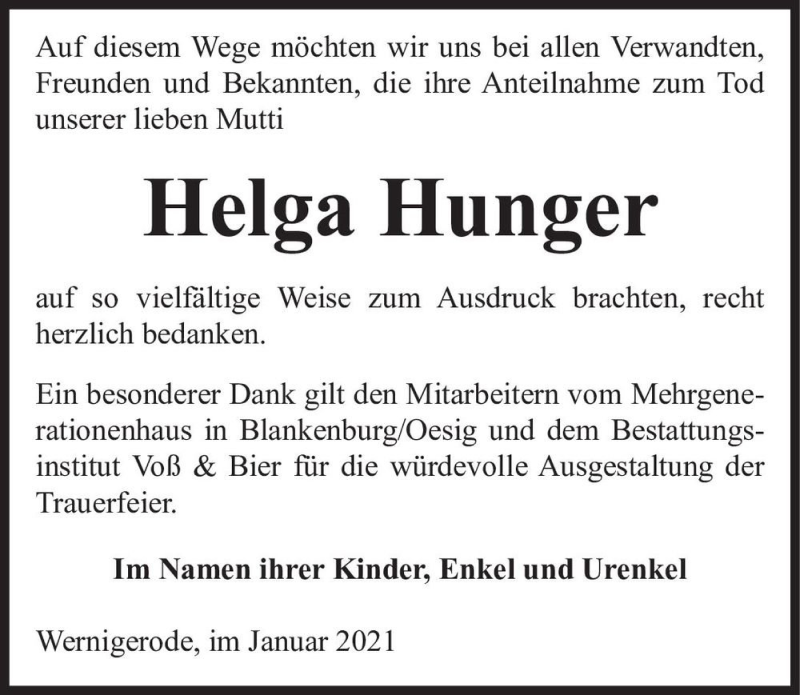  Traueranzeige für Helga Hunger  vom 13.02.2021 aus Magdeburger Volksstimme