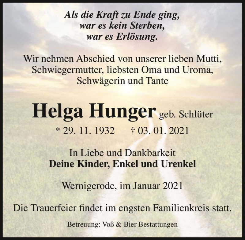  Traueranzeige für Helga Hunger (geb. Schlüter)  vom 09.01.2021 aus Magdeburger Volksstimme
