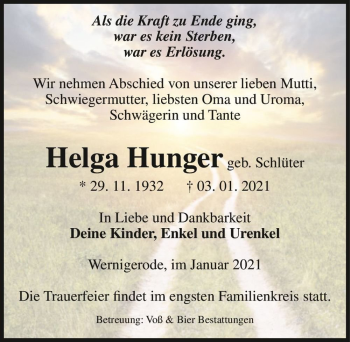 Traueranzeige von Helga Hunger (geb. Schlüter)  von Magdeburger Volksstimme