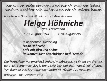 Traueranzeige von Helga Hähniche (geb. Krasemann)  von Magdeburger Volksstimme