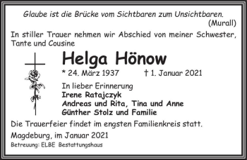 Traueranzeige von Helga Hönow  von Magdeburger Volksstimme
