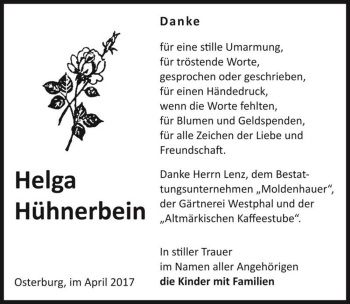 Traueranzeige von Helga Hühnerbein  von Magdeburger Volksstimme