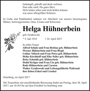 Traueranzeige von Helga Hühnerbein (geb. Gratkowski)  von Magdeburger Volksstimme