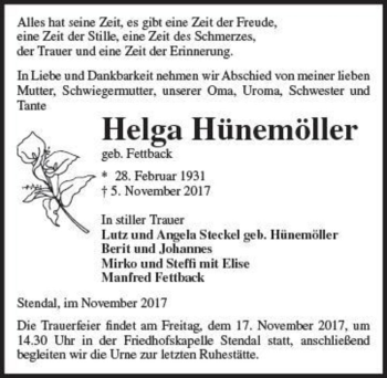 Traueranzeige von Helga Hünemöller (geb. Fettback)  von Magdeburger Volksstimme