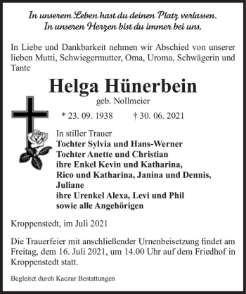 Traueranzeige von Helga Hünerbein (geb. Nollmeier)  von Magdeburger Volksstimme