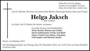Traueranzeige von Helga Jaksch geb. Luksch  von Magdeburger Volksstimme