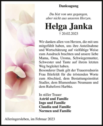 Traueranzeige von Helga Janka  von Magdeburger Volksstimme