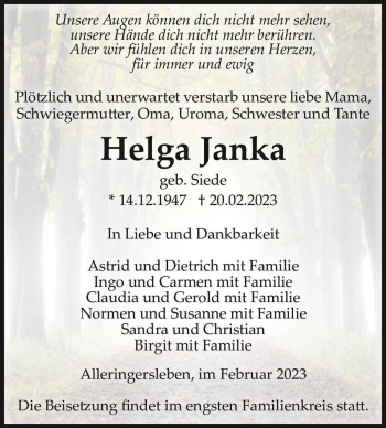 Traueranzeige von Helga Janka (geb. Siede)  von Magdeburger Volksstimme