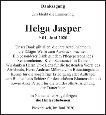 Traueranzeige von Helga Jasper  von Magdeburger Volksstimme