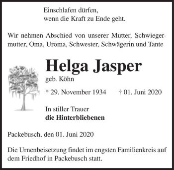 Traueranzeige von Helga Jasper (geb. Köhn)  von Magdeburger Volksstimme