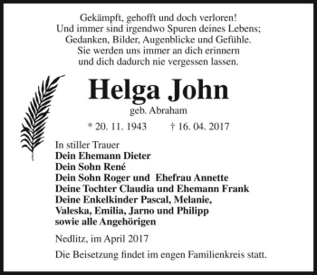 Traueranzeige von Helga John (geb. Abraham)  von Magdeburger Volksstimme