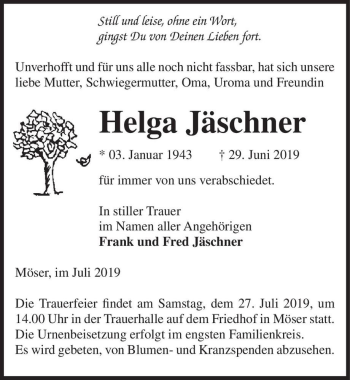 Traueranzeige von Helga Jäschner  von Magdeburger Volksstimme