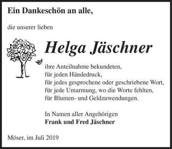Traueranzeige von Helga Jäschner  von Magdeburger Volksstimme